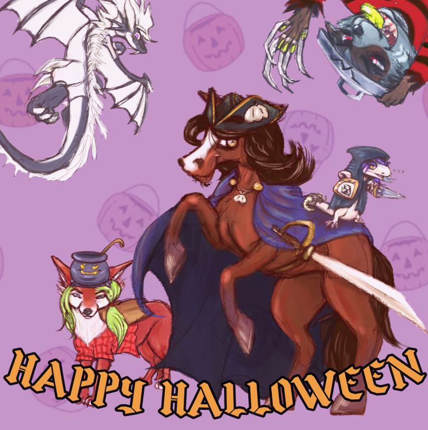 canid canine cape clothing cooking_pot dagger dragon equid equine feral fox halloween happy_halloween hi_res holidays horse lizard mammal melee_weapon mythological_creature mythological_scalie mythology procyonid raccoon reptile scalie shield stewpan stewpot sword weapon