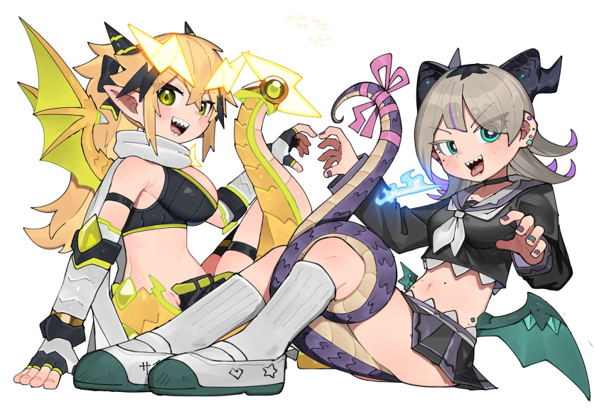 2girls black_choker black_serafuku blonde_hair borrowed_character breasts breath_weapon breathing_fire brown_hair choker dragon_girl dragon_horns dragon_tail dragon_wings ear_piercing fingerless_gloves fire gao gloves green_eyes hair_ornament highres horns itoriyo large_breasts lightning_bolt_hair_ornament lightning_bolt_symbol multiple_girls original piercing pointy_ears raisei_no_ryu_tsukai ribbed_tank_top san-chan school_uniform serafuku sharp_teeth shirt simple_background sports_bra tail teeth white_shirt wings yellow_eyes