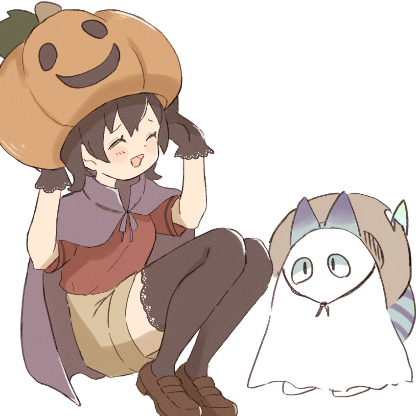 0nanaten adapted_costume black_hair black_thighhighs blush brown_footwear cape closed_eyes female frilled_thighhighs frills grey_shorts hair_between_eyes halloween halloween_costume highres kaban_(kemono_friends) kemono_friends loafers lucky_beast_(kemono_friends) open_mouth pumpkin_hat purple_cape red_shirt shirt shoes short_hair short_sleeves shorts sidelocks sitting smile t-shirt thighhighs