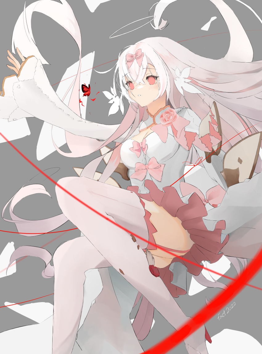 :o absurdres arcaea bondage bondage bound bow breasts bug butterfly cleavage detached_wings dress female flower gloves highres hikari_(arcaea) hikari_(fatalis)_(arcaea) holo long_sleeves mechanical_wings medium_breasts pink_bow pink_eyes pink_flower pink_hair red_butterfly sidelocks solo thighhighs user_nwht2772 white_dress white_gloves white_thighhighs wide_sleeves wings