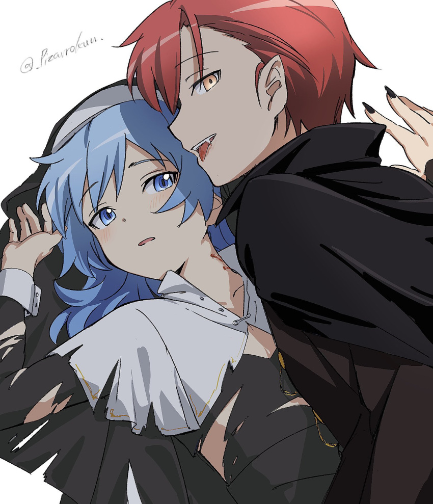 2boys akabane_karma ansatsu_kyoushitsu bite_mark bite_mark_on_neck black_cape black_nails black_shirt blood blood_on_face blood_on_tongue blue_eyes blue_hair blush cape coif collarbone collared_cape fangs fingernails habit hair_between_eyes hair_down hair_slicked_back halloween_costume hand_up highres light_blue_hair long_fingernails long_hair long_sleeves looking_at_another looking_at_viewer lying multiple_boys nail_polish nun on_back parted_lips partially_unbuttoned pinned pizarrokun popped_collar raised_eyebrows red_hair shade shiota_nagisa shirt short_hair tongue tongue_out torn_clothes torn_shirt traditional_nun twitter_username vampire wimple yaoi yellow_eyes