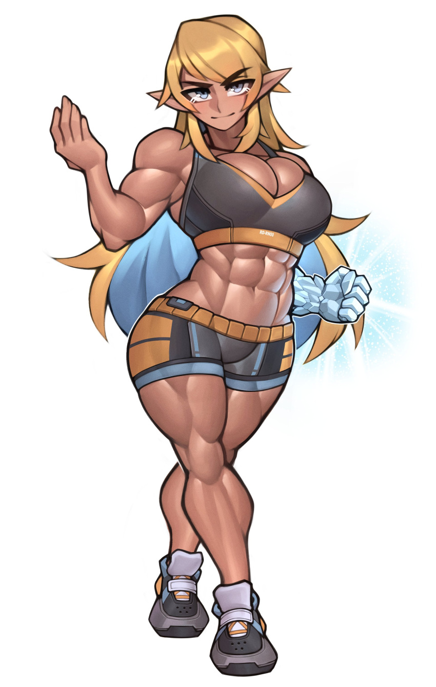 abs absurdres biceps blonde_hair blue_eyes borrowed_character closed_mouth dark-skinned_female dark_skin female hadairu_koseiri_(dsv) highres long_hair muscular muscular_female navel original pointy_ears roadi3 shoes simple_background smile sneakers solo white_background