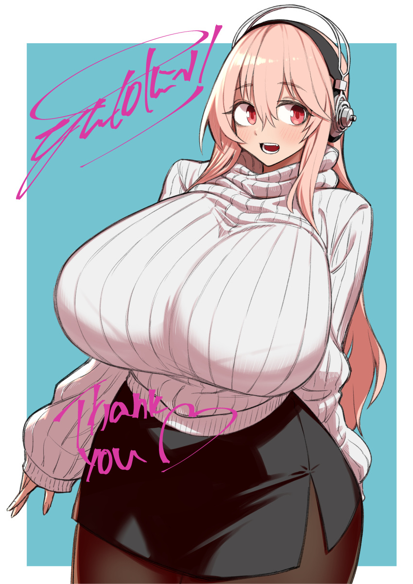 absurdres blush breasts cowboy_shot female headphones highres huge_breasts long_hair looking_at_viewer nitroplus open_mouth pantyhose pink_eyes pink_hair ribbed_sweater simple_background smile solo super_sonico sweater turtleneck turtleneck_sweater white_sweater yutorin_kakka