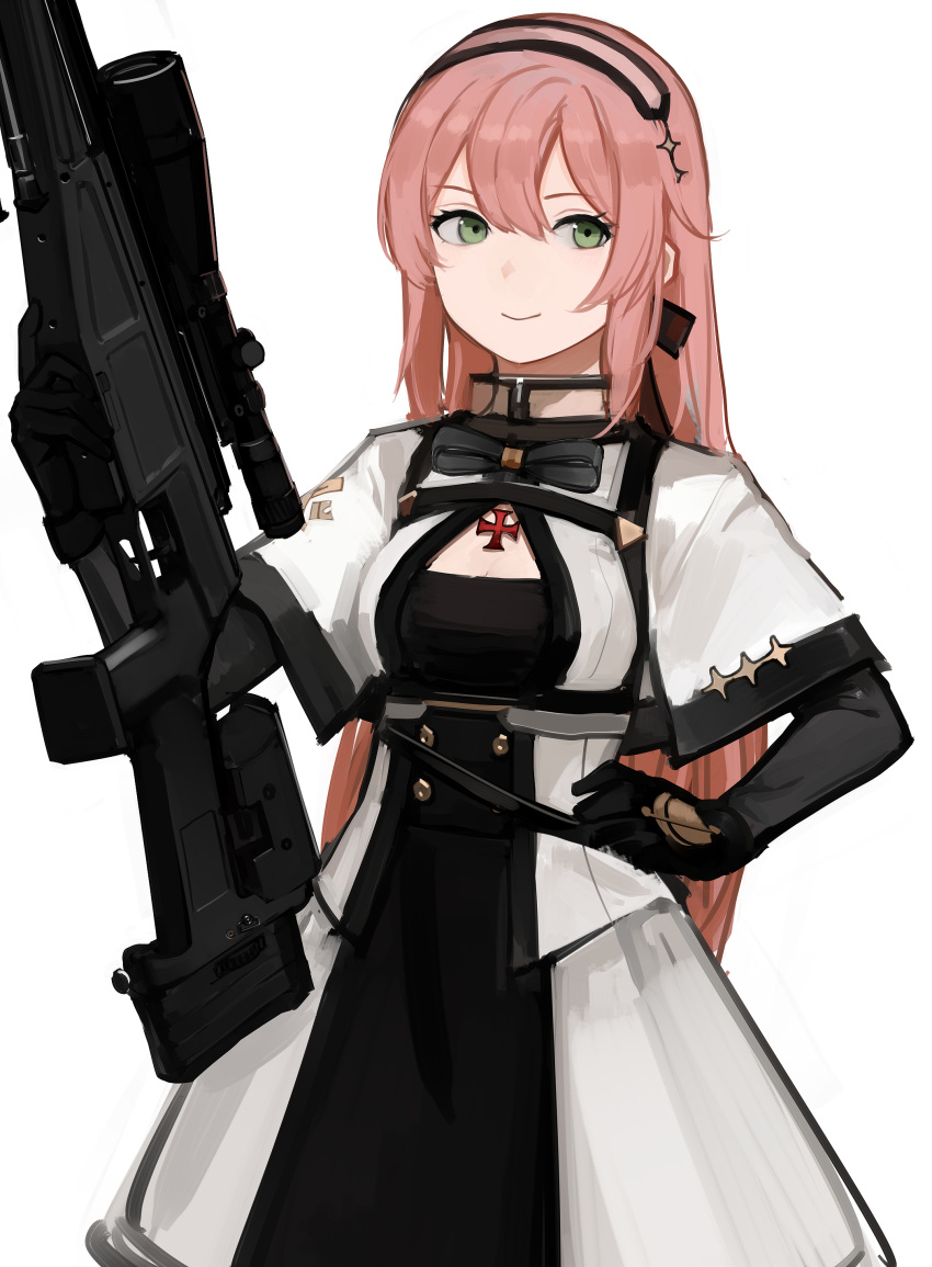 absurdres blaser_r93 bolt_action closed_mouth clothing_request commentary english_commentary female girls'_frontline green_eyes gun hairband hand_on_own_hip highres holding holding_gun holding_weapon looking_at_viewer pink_hair pink_hairband r93_(girls'_frontline) rampart1028 rifle scope simple_background smile sniper_rifle solo weapon white_background