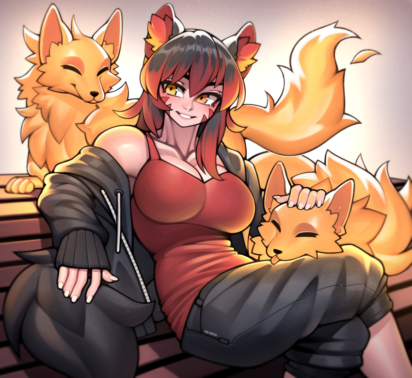 absurdres animal_ears black_hair black_shorts blush breasts brown_eyes cleavage collarbone commission facial_mark female fox_ears fox_girl fox_tail highres large_breasts long_hair multicolored_hair original parted_lips red_hair red_tank_top roadi3 shorts sitting smile solo tail tank_top