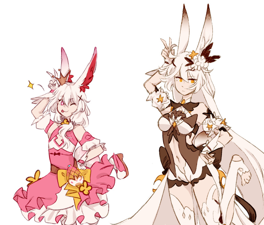 2girls ahoge alternate_eye_color animal_ears breasts closed_mouth cloud_ya crown dress flower fox_ears gloves hair_flower hair_ornament highres honkai_(series) honkai_impact_3rd kiana_kaslana kiana_kaslana_(herrscher_of_the_void) kiana_kaslana_(magic_girl_sirin) leg_up long_hair magical_girl medium_breasts multiple_girls navel one_eye_closed pink_dress pink_eyes pink_footwear puffy_short_sleeves puffy_sleeves short_sleeves side_ponytail smile stirrup_legwear stomach theresa_apocalypse theresa_apocalypse_(magic_girl_teriri) theresa_apocalypse_(sakuno_rondo) thighhighs toeless_legwear tongue tongue_out v very_long_hair white_background white_dress white_flower white_gloves white_hair white_thighhighs yellow_eyes