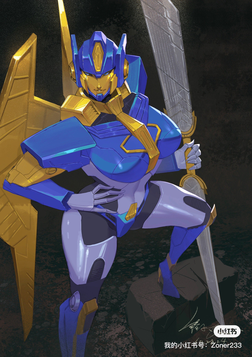 absurdres artist_name blue_eyes breasts double-blade english_commentary female genderswap_(mtf) hand_on_own_hip highres holding holding_sword holding_weapon large_breasts looking_to_the_side mecha mecha_focus mechanical_wings navel robot rule_63 sentinel_prime sentinel_prime_(transformers_one) signature smile solo sword transformers transformers_one weapon wings zoner