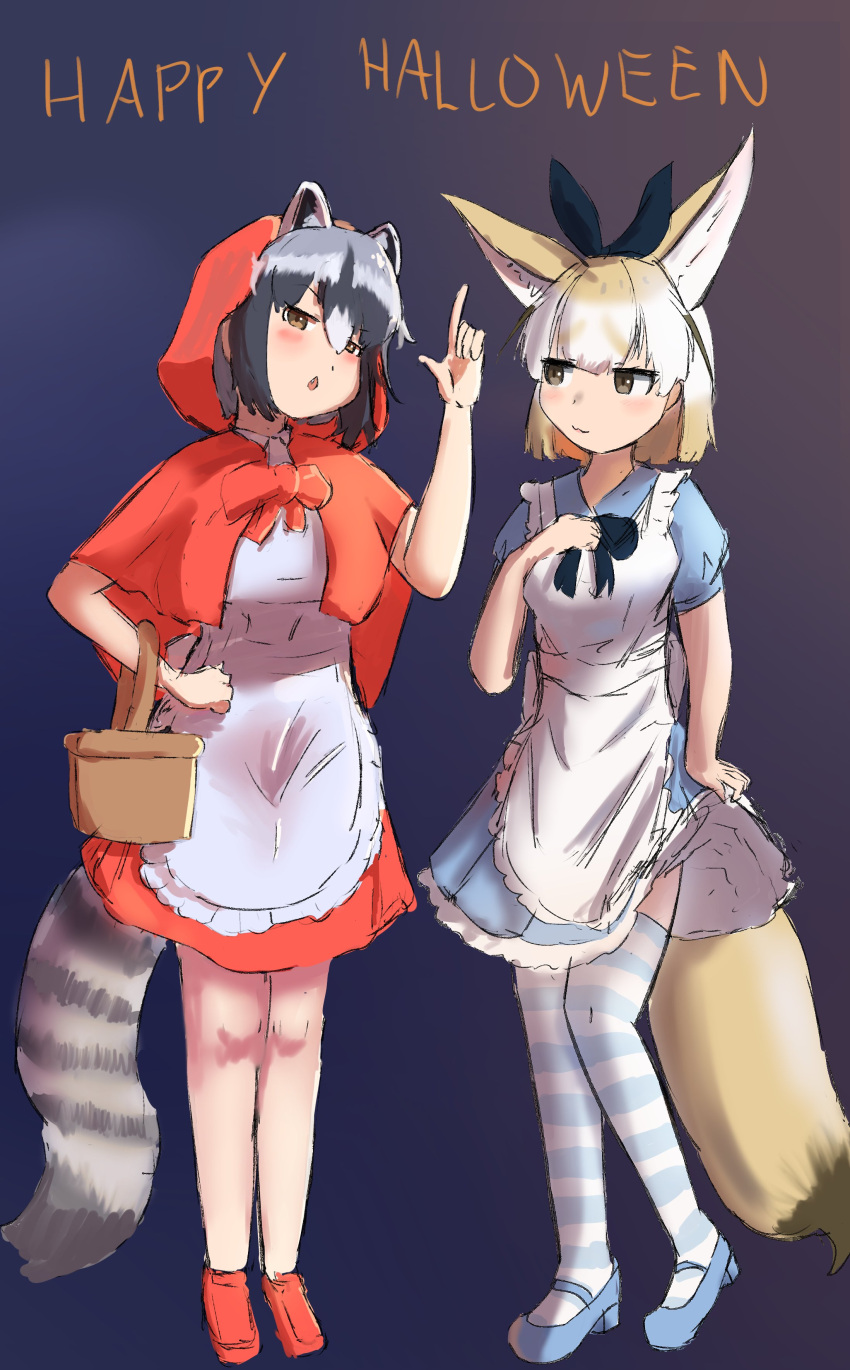 2girls absurdres alice_(alice_in_wonderland) alice_(alice_in_wonderland)_(cosplay) alice_in_wonderland animal_ears apron basket black_bow blonde_hair blue_bow blue_bowtie blue_dress blue_footwear blue_thighhighs blush bow bowtie capelet common_raccoon_(kemono_friends) cosplay dress extra_ears fennec_(kemono_friends) fox_ears fox_girl fox_tail frilled_apron frilled_dress frills full_body grey_hair grimm's_fairy_tales hair_between_eyes hairbow halloween halloween_costume highres jcsaga03 kemono_friends little_red_riding_hood_(grimm) little_red_riding_hood_(grimm)_(cosplay) loafers mary_janes multicolored_hair multiple_girls puffy_short_sleeves puffy_sleeves raccoon_ears raccoon_girl raccoon_tail red_bow red_bowtie red_capelet red_footwear red_hood red_skirt shirt shoes short_hair short_sleeves sidelocks skirt striped_clothes striped_thighhighs tail thighhighs two-tone_thighhighs white_apron white_hair white_shirt white_thighhighs