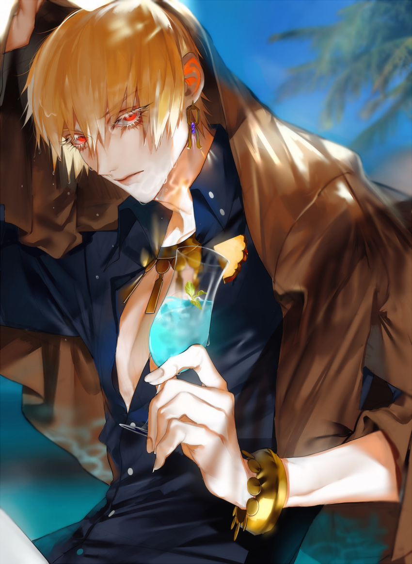 1boy adam's_apple au_(d_elete) black_shirt blonde_hair bracelet brown_jacket buttons collared_shirt colored_eyelashes cup earrings fate_(series) fingernails gilgamesh_(fate) gold_bracelet highres holding holding_cup jacket jewelry looking_at_viewer male_focus outdoors pectoral_cleavage pectorals red_eyes shirt solo