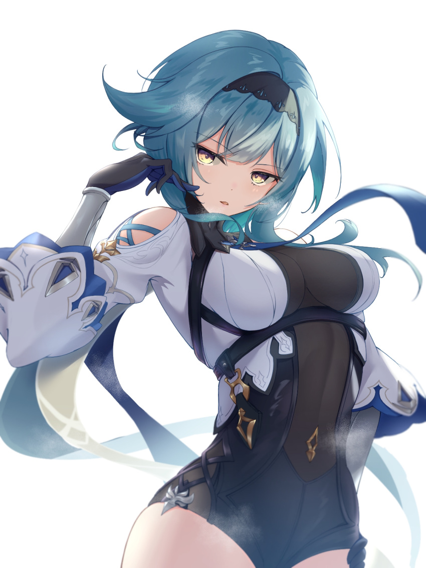 black_gloves black_hairband blue_cape blue_hair blue_necktie breasts cape cheeeese_tara5 chest_harness clothing_cutout eula_(genshin_impact) female genshin_impact gloves hairband hand_on_own_hip hand_up harness high-waist_shorts highres large_breasts looking_at_viewer medium_hair necktie parted_lips shorts shoulder_cutout side_cape simple_background solo upper_body white_background white_sleeves wide_sleeves yellow_eyes