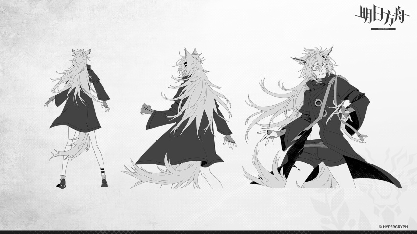 animal_ears arknights commentary company_name constricted_pupils copyright_notice cropped_legs facing_away fingerless_gloves floating_hair gloves greyscale hair_ornament hairclip highres kaifei_(kaifei_29) lappland_(arknights) long_hair looking_to_the_side material_growth monochrome multiple_views official_art oripathy_lesion_(arknights) production_art short_shorts shorts standing tail tears turnaround wolf_ears wolf_girl wolf_tail