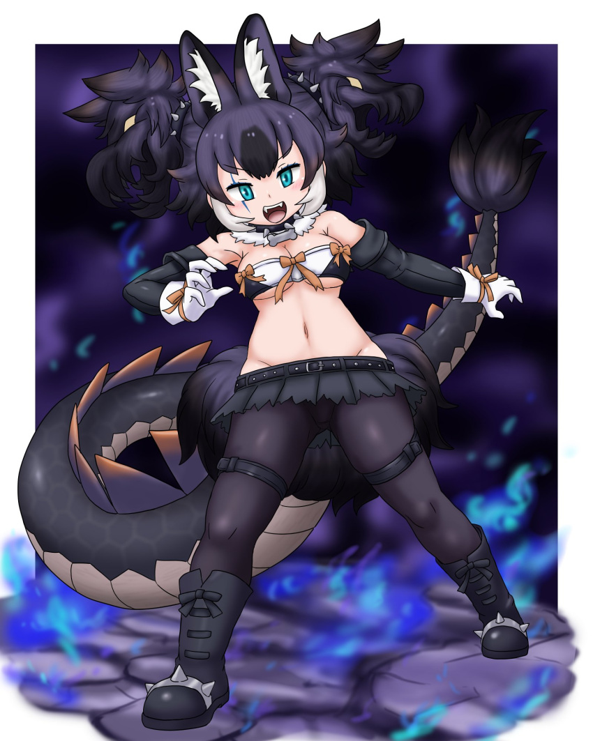 adansosutega animal_ears bare_shoulders belt big_hair black_belt black_footwear black_gloves black_hair black_pantyhose black_shirt black_skirt blue_eyes boots cerberus_(kemono_friends) cerberus_(kemono_friends)_(cosplay) cosplay crop_top dhole_(kemono_friends) dog_ears dog_girl dog_tail elbow_gloves female full_body gloves hair_between_eyes highres kemono_friends lizard_tail midriff multicolored_hair navel oerba_yun_fang open_mouth pantyhose pleated_skirt purple_hair scar scar_across_eye shirt short_hair sidelocks skirt sleeveless smile solo tail thigh_strap torn_clothes torn_skirt two-tone_shirt white_gloves white_hair white_shirt