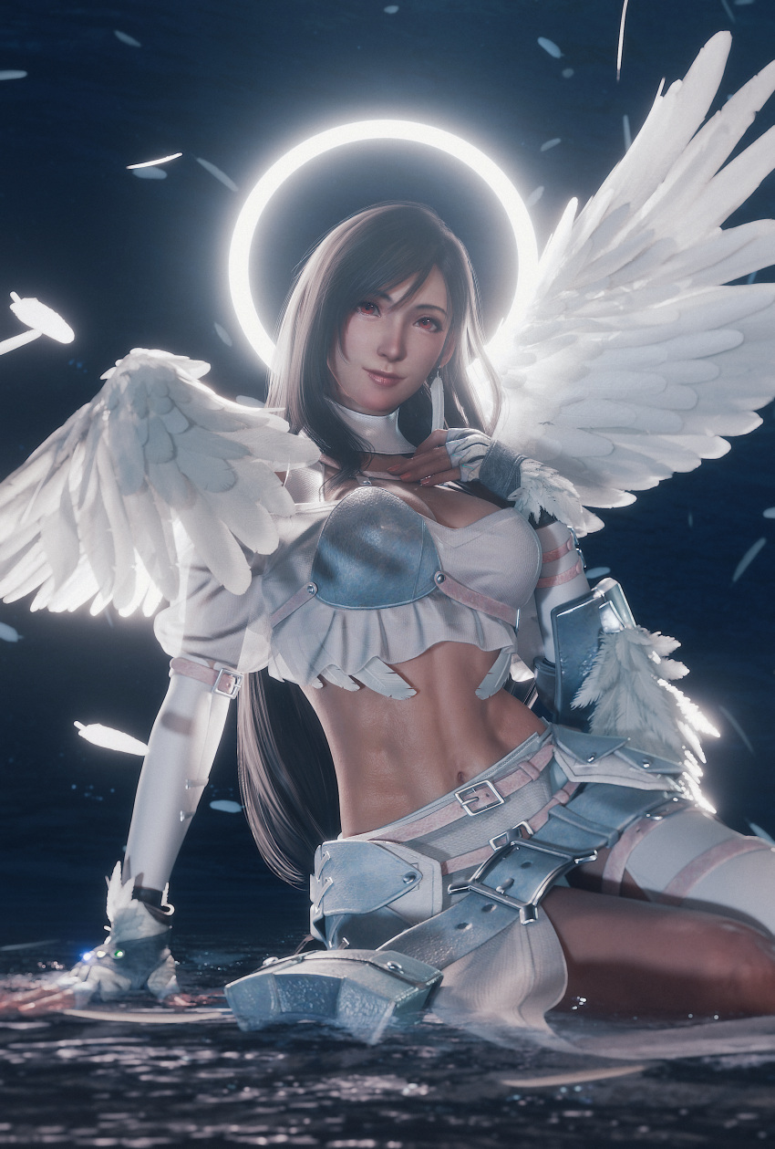 1girls 3d 3d_(artwork) 4k alternate_costume angel angel_wings arm_support armwear belt belt_buckle black_hair blender breasts earrings feather_earrings feathers female female_only final_fantasy final_fantasy_vii final_fantasy_vii_rebirth final_fantasy_vii_remake fingerless_gloves fit_female halo highres large_breasts light-skinned_female light_smile long_hair looking_at_viewer navel red_eyes ria-neearts sitting skirt square_enix stomach thighs tifa_lockhart white_clothing white_halo white_wings yokozuwari