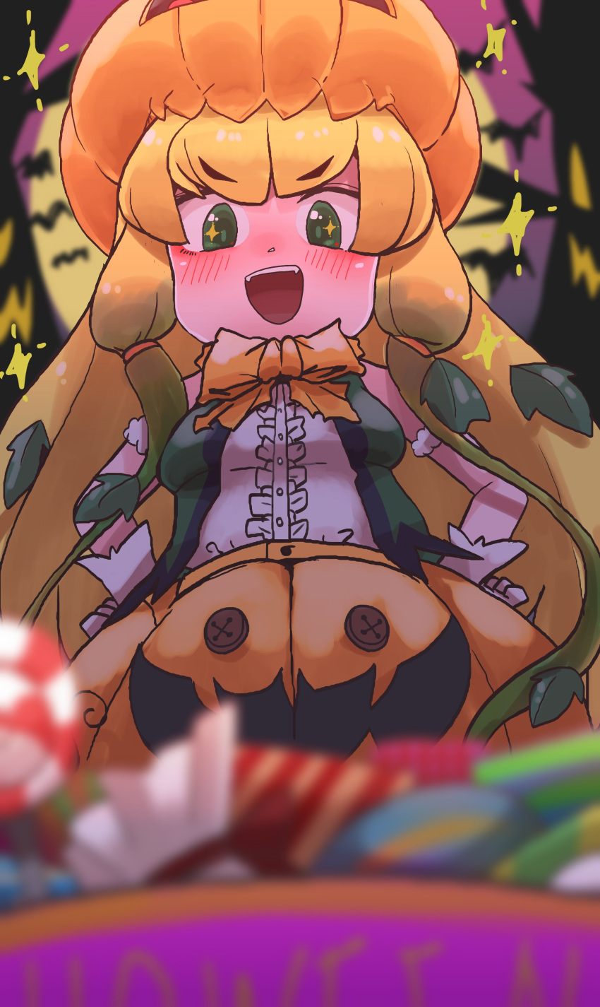 +_+ absurdres armband bare_shoulders bat_(animal) blonde_hair blush candy center_frills female food frills gloves gradient_eyes green_eyes green_hair green_vest hair_between_eyes halloween hands_on_own_hips highres jack-o'-lantern jack-o'-lantern_(kemono_friends) kemono_friends kemono_friends_3 long_hair multicolored_eyes oerba_yun_fang onaji_(sokudo_seigen) open_clothes open_mouth open_vest plant_hair pumpkin_hat pumpkin_shorts shirt sidelocks sleeveless smile solo sparkle vest white_gloves white_shirt