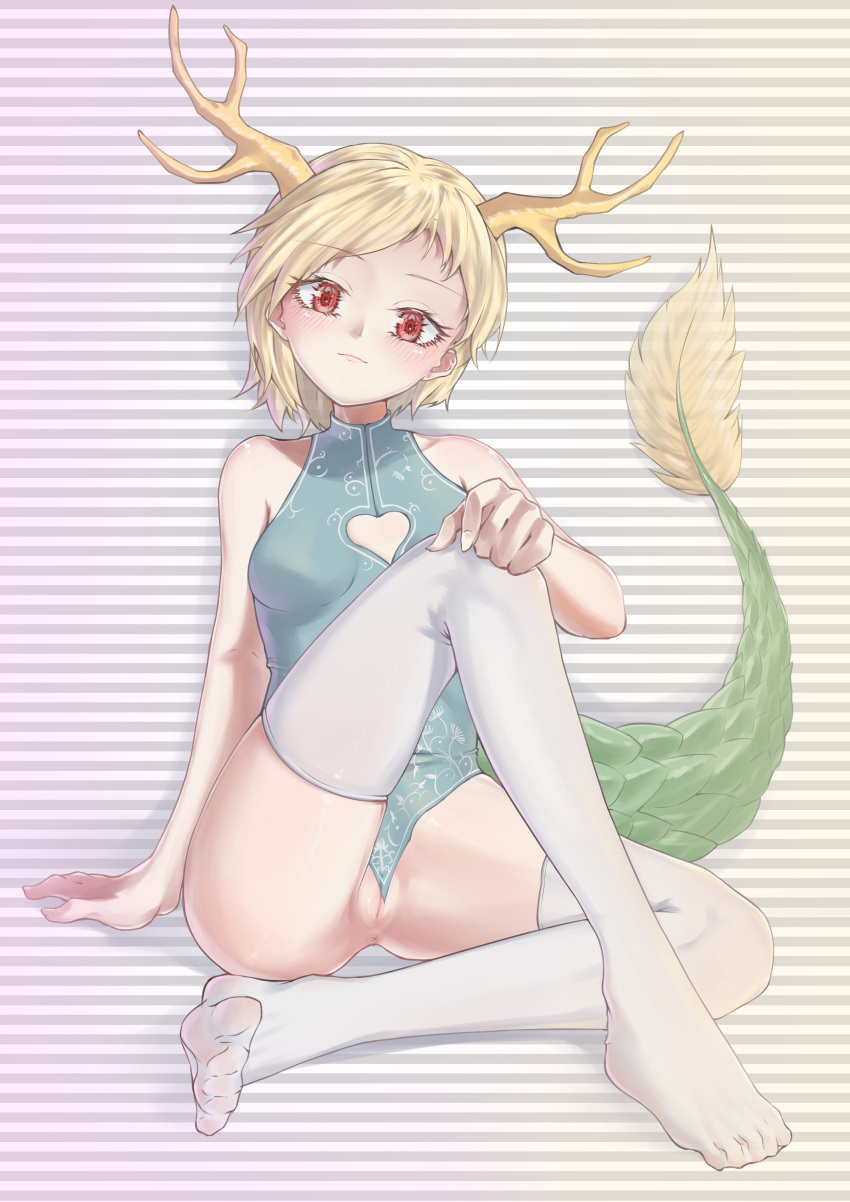 absurdres antlers blonde_hair dragon_girl dragon_horns dragon_tail feet fur-tipped_tail green_scales green_tail highres horns kicchou_yachie legs littiecy monster_girl scales tail thighhighs touhou turtle_shell yellow_horns