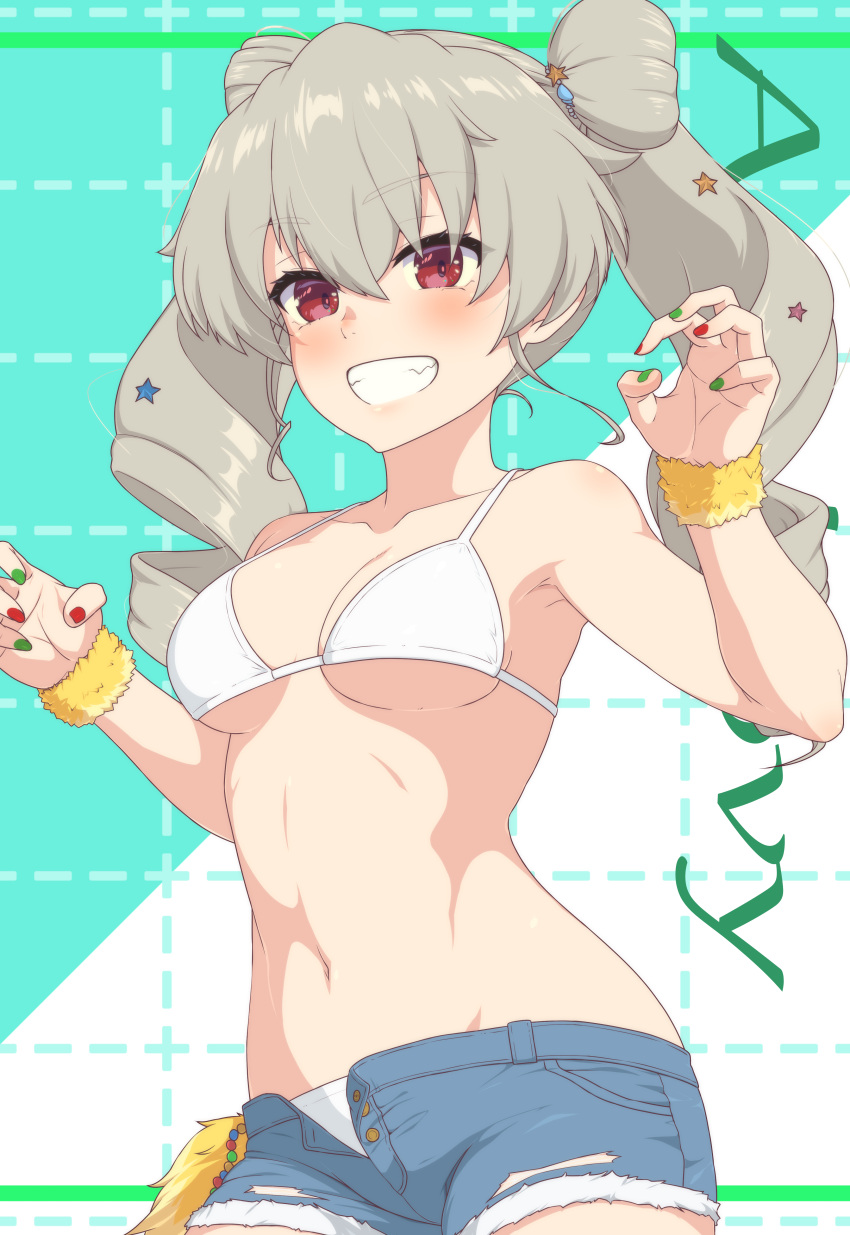 absurdres ada_badguy anchovy_(girls_und_panzer) bikini blue_shorts blush breasts character_name claw_pose collarbone commentary_request commission cutoffs denim denim_shorts double_bun drill_hair female fur_cuffs girls_und_panzer girls_und_panzer_senshadou_daisakusen! green_hair grin hair_bun hair_ornament highres long_hair looking_at_viewer medium_breasts navel official_alternate_costume open_clothes open_fly open_shorts partial_commentary red_eyes short_shorts shorts skeb_commission smile solo star_(symbol) star_hair_ornament swimsuit text_background twin_drills twintails underboob white_bikini