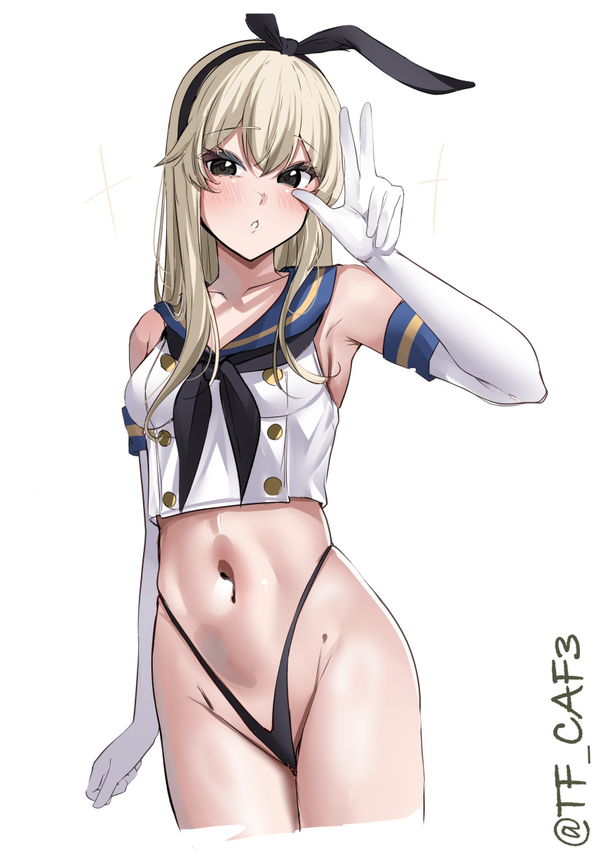 absurdres anchor_hair_ornament black_neckerchief black_panties blonde_hair blush breasts cowboy_shot elbow_gloves female gloves hair_ornament hairband highleg highleg_panties highres kantai_collection long_hair looking_at_viewer navel neckerchief one-hour_drawing_challenge panties sailor_collar school_uniform serafuku shimakaze_(kancolle) simple_background small_breasts solo sparkle striped_clothes tf_cafe twitter_username underwear v white_background white_gloves