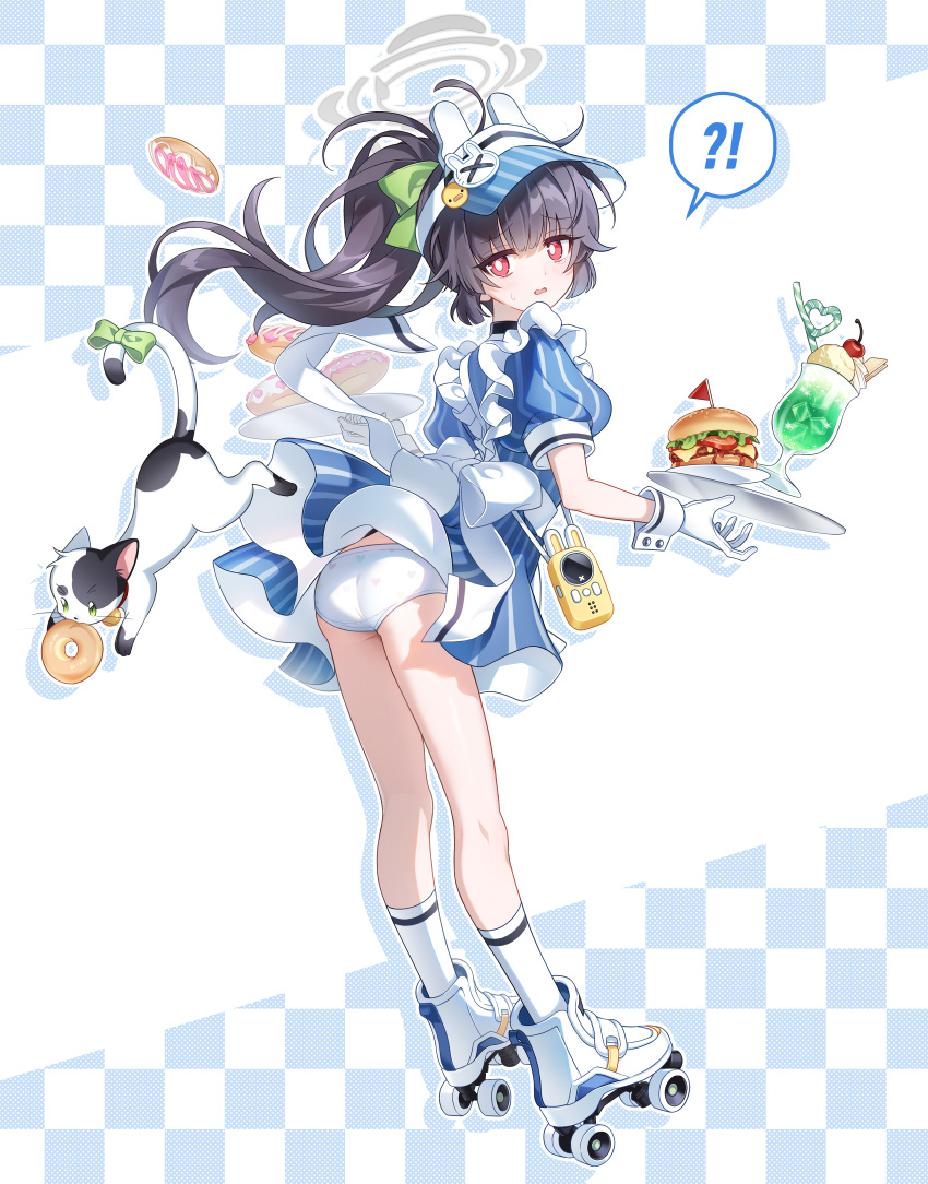 !? absurdres alternate_costume alternate_hairstyle animal_ears ass black_hair blue_archive blue_dress bow bright_pupils burger commentary_request crazy_straw cup doughnut dress drinking_glass drinking_straw fake_animal_ears feline female food gloves green_bow grey_halo halo heart_straw highres long_hair looking_at_viewer looking_back miyu_(blue_archive) open_mouth panties ponytail puffy_short_sleeves puffy_sleeves rabbit_ears red_eyes roller_skates sanjidohu short_sleeves skates socks spoken_interrobang tail tail_bow tail_ornament tray underwear waist_bow white_bow white_footwear white_gloves white_panties white_pupils white_socks white_wrist_cuffs wrist_cuffs