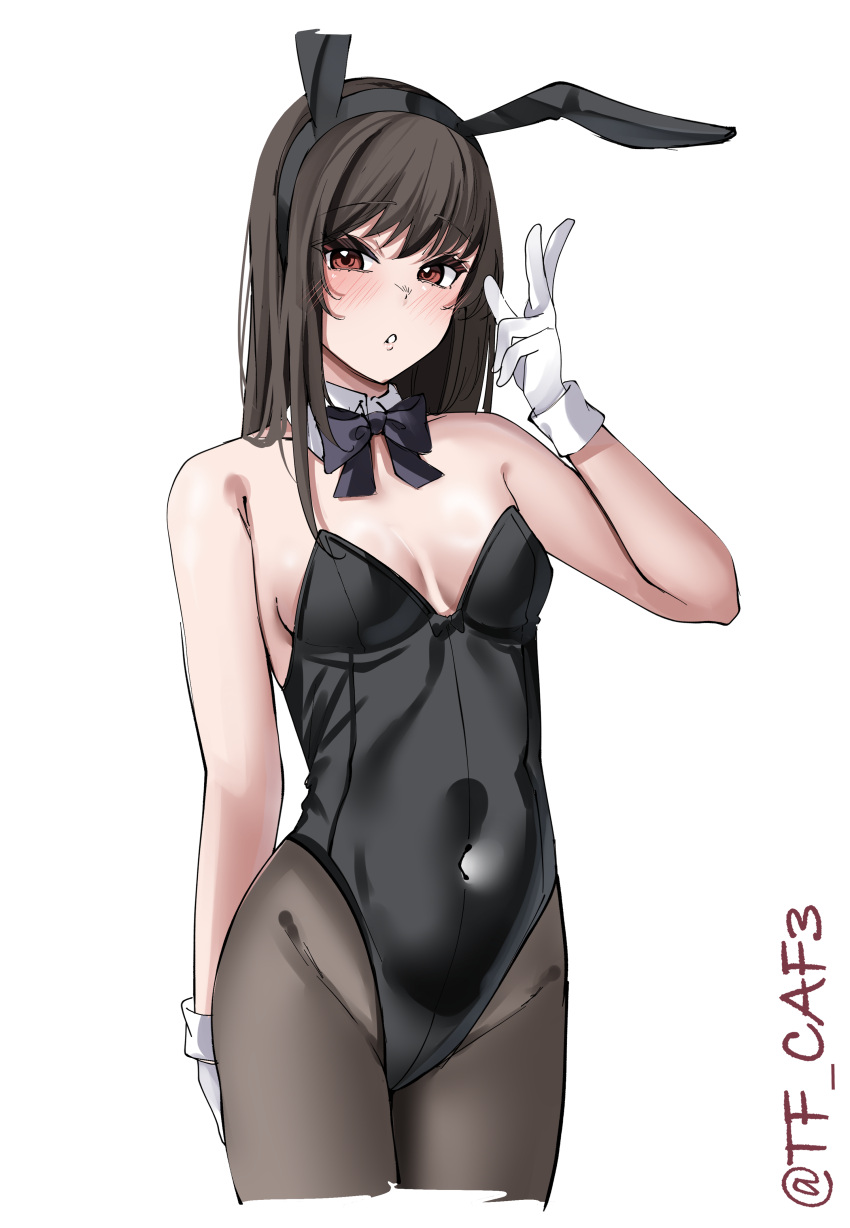 absurdres animal_ears bare_shoulders black_hair black_leotard blush bow bowtie breasts brown_eyes covered_navel cowboy_shot detached_collar fake_animal_ears female hayashio_(kancolle) highres kantai_collection leotard long_hair looking_at_viewer mole mole_under_eye neck_ribbon one-hour_drawing_challenge pantyhose playboy_bunny rabbit_ears ribbon simple_background small_breasts smile solo strapless strapless_leotard tf_cafe traditional_bowtie twitter_username white_background wrist_cuffs