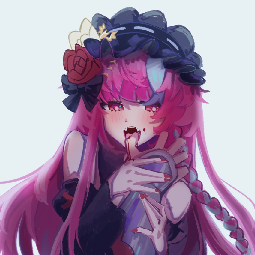 1boy biting biting_another's_finger biting_finger blood blue_hair braid fangs fangze female flower frilled_hairband frills gauntlets gothic_lolita guardian_tales hair_flower hair_ornament hairband light_blush lolita_fashion long_hair looking_at_viewer male_knight_(guardian_tales) multicolored_hair pink_hair red_eyes red_flower red_nails simple_background streaked_hair upper_body vampire vampire_girl_karina white_flower