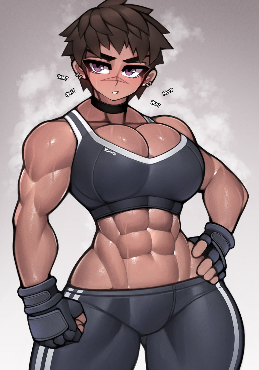 abs absurdres biceps black_gloves black_pants borrowed_character breasts brown_hair dark-skinned_female dark_skin ear_piercing female fingerless_gloves gloves highres large_breasts muscular muscular_female navel original pants parted_lips piercing purple_eyes roadi3 scar scar_on_face scar_on_nose short_hair solo sweat yoga_pants