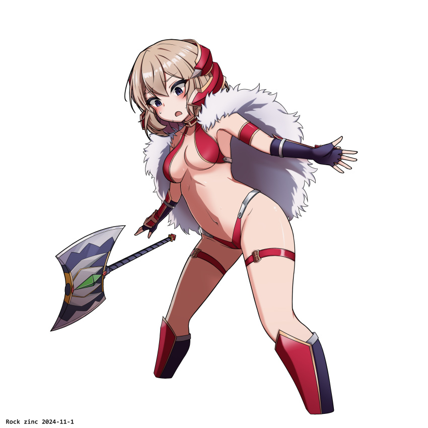 absurdres armor artist_name axe azur_lane battle_axe bikini_armor black_footwear black_gloves blue_eyes blush boots breasts brown_hair cape commentary_request cropped_legs dated double-sided_axe dropping elbow_gloves female fingerless_gloves frown fur_cape gloves grey_eyes hair_between_eyes highres knee_boots leaning_forward legs_apart light_brown_hair medium_breasts medium_hair navel open_mouth outstretched_arms purple_eyes rock_zinc simple_background solo standing stomach surprised thigh_strap underboob weapon white_background z23_(azur_lane) z23_(upgrade_failure?!)_(azur_lane)