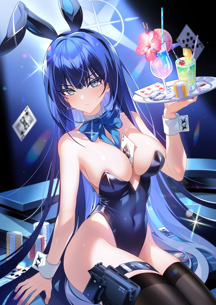 absurdres ace_(playing_card) ace_of_diamonds alternate_costume animal_ears between_breasts black_hair black_leotard black_thighhighs blue_archive blue_bow blue_bowtie blue_eyes blue_halo blue_leotard bow bowtie breasts card card_between_breasts commentary_request covered_navel cup detached_collar diamond_(shape) drink drinking_glass drinking_straw fake_animal_ears feet_out_of_frame female halo highleg highleg_leotard highres holding holding_tray holster large_breasts leotard long_hair looking_at_viewer playboy_bunny playing_card poker_chip queen_(playing_card) queen_of_spades rabbit_ears sanjidohu saori_(blue_archive) sitting six_of_hearts solo strapless strapless_leotard sweat ten_of_spades thigh_holster thigh_strap thighhighs thighs tray weapon_case white_wrist_cuffs wrist_cuffs