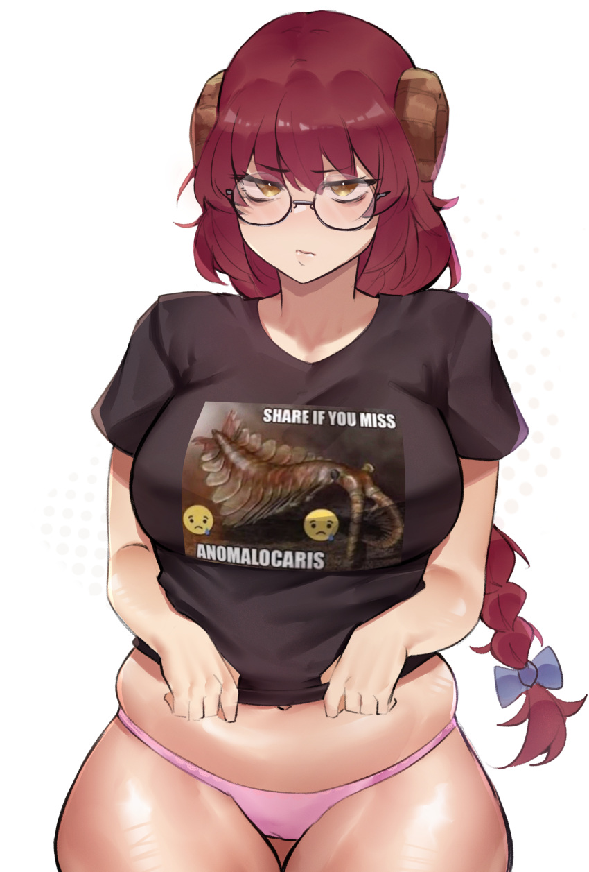 absurdres anomalocaris bespectacled black_shirt bow braid brown_hair cameltoe commission deccatezu fate/grand_order fate_(series) female glasses hairbow highres mary_anning_(fate) navel panties pink_panties plump sad_emoji shirt solo thighs underwear