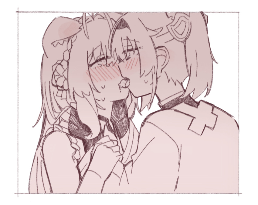 2girls animal_ears blush braid crown_braid fingerless_gloves french_kiss gloves hakui_koyori hakui_koyori_(1st_costume) hateyo hololive kazama_iroha kazama_iroha_(1st_costume) kissing long_hair multiple_girls open_mouth sweat tongue virtual_youtuber yuri