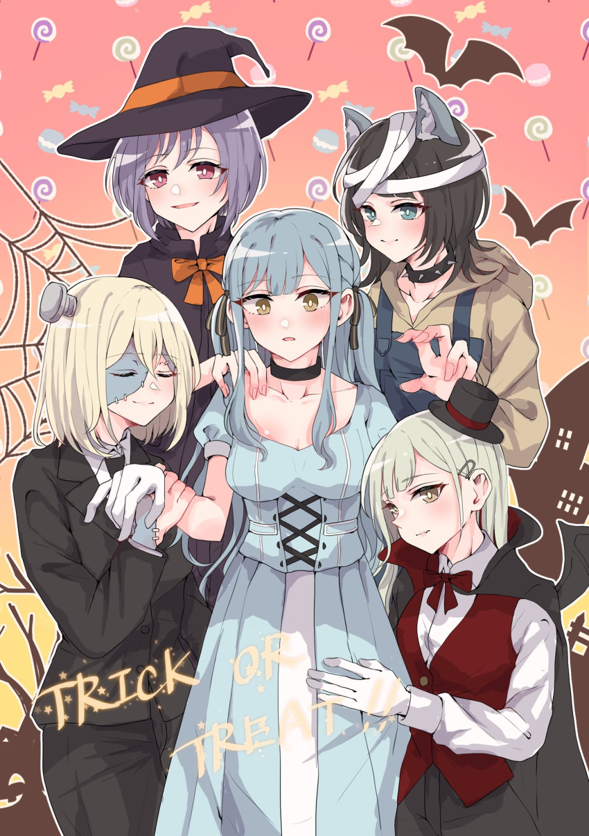 5girls animal_ears ave_mujica_(bang_dream!) bang_dream! bang_dream!_it's_mygo!!!!! bat_(animal) black_cape black_choker black_hair black_hat black_jacket black_pants black_ribbon black_suit blonde_hair blue_dress blue_eyes bow bowtie bright_pupils brown_hoodie cape choker closed_eyes closed_mouth collar collarbone commentary dress english_commentary english_text gloves gradient_background green_hair hair_ornament hair_ribbon hairclip halloween hand_on_another's_thigh harem hat highres holding_another's_wrist hood hoodie jacket kemonomimi_mode long_dress long_sleeves medium_hair mini_hat misumi_uika multiple_girls object_through_head oerba_yun_fang orange_bow orange_bowtie pants parted_lips pink_background pink_eyes purple_hair red_vest ribbon rousei screw_in_head shirt short_hair short_sleeves skin_fang smile spiked_collar spikes stitched_face stitches suit suit_jacket togawa_sakiko two_side_up vest wakaba_mutsumi white_gloves white_pupils white_shirt witch_hat wolf_ears yahata_umiri yellow_background yellow_eyes yuri yuutenji_nyamu