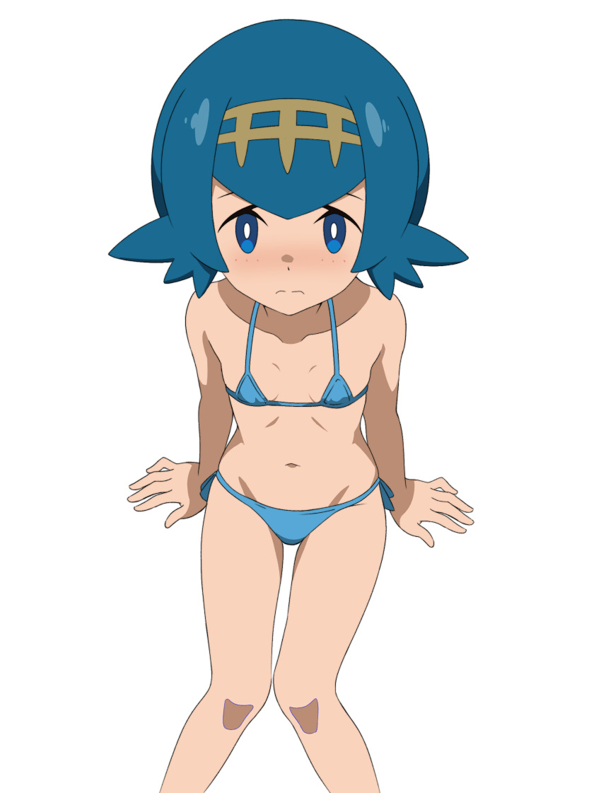 absurdres arm_support bikini blue_bikini blue_eyes blue_hair breasts bright_pupils closed_mouth commentary female hairband highres lana_(pokemon) looking_at_viewer mnkr98 navel no_sclera pokemon pokemon_sm short_hair simple_background sitting small_breasts solo split_mouth swimsuit white_background white_pupils yellow_hairband