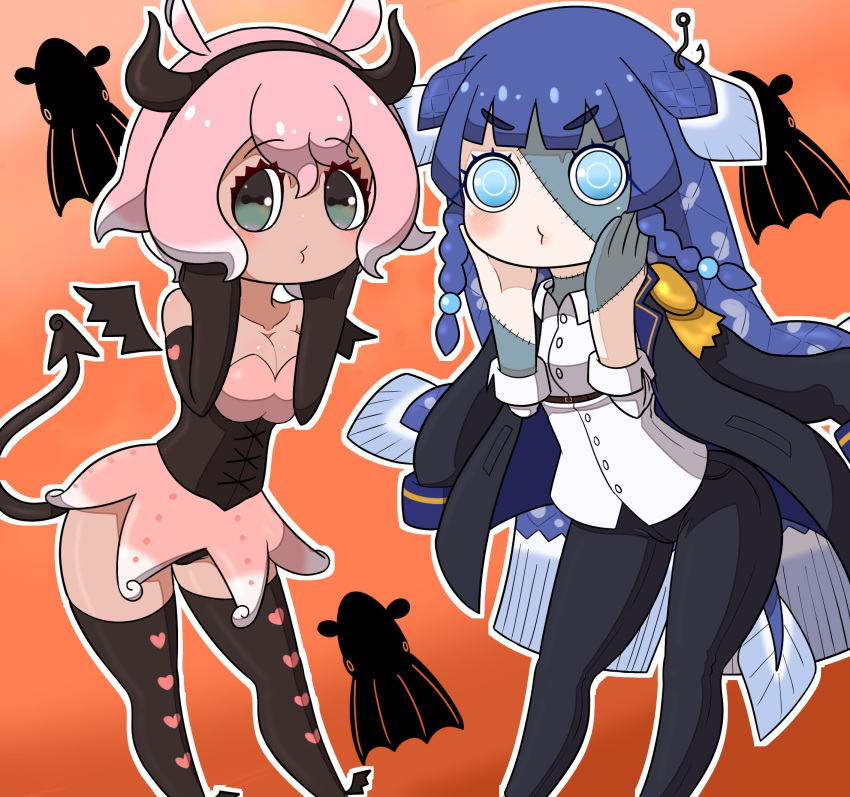 2girls bare_shoulders black_corset black_gloves black_pants black_thighhighs blue_eyes blue_hair blunt_bangs braid cacaocreate cheek_squash coelacanth_(kemono_friends) colored_skin corset demon_horns demon_tail elbow_gloves fake_horns fake_tail fins fish_girl fish_tail gloves green_skin halloween halloween_costume heart highres horns jacket jacket_on_shoulders japanese_pancake_devilfish_(kemono_friends) kemono_friends long_hair long_sleeves multiple_girls pants pink_hair pink_shirt pink_skirt shirt short_hair sidelocks skirt sleeveless stitched_face stitches tail thighhighs twin_braids white_hair white_shirt zettai_ryouiki zombie_costume