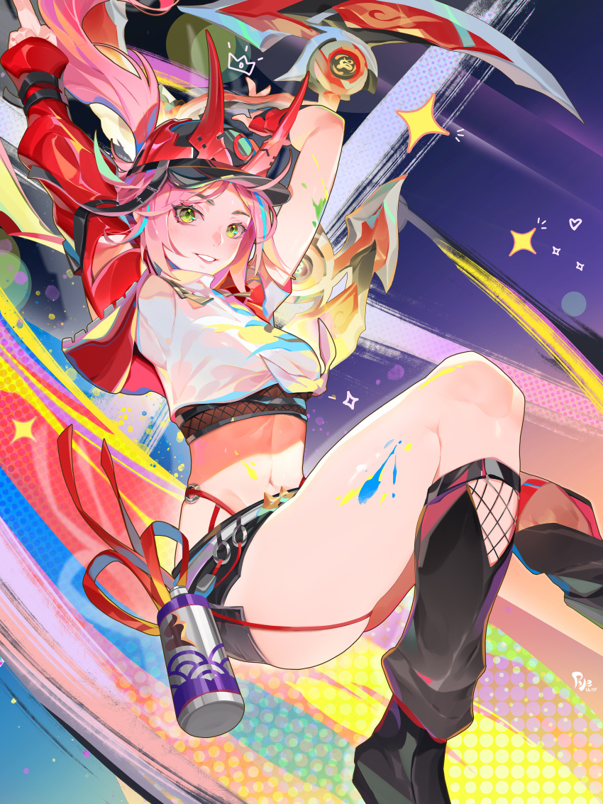 absurdres arms_up artist_name ass baggy_socks bleble blush breasts crown_(symbol) female fishnets green_eyes hat heart highres honkai:_star_rail honkai_(series) jacket linea_alba looking_at_viewer medium_breasts midriff navel open_clothes open_jacket paint_on_body paint_splatter pink_hair ponytail rappa_(honkai:_star_rail) red_jacket shirt short_shorts shorts shuriken smile solo spray_can star_(symbol) thighs tied_shirt weapon