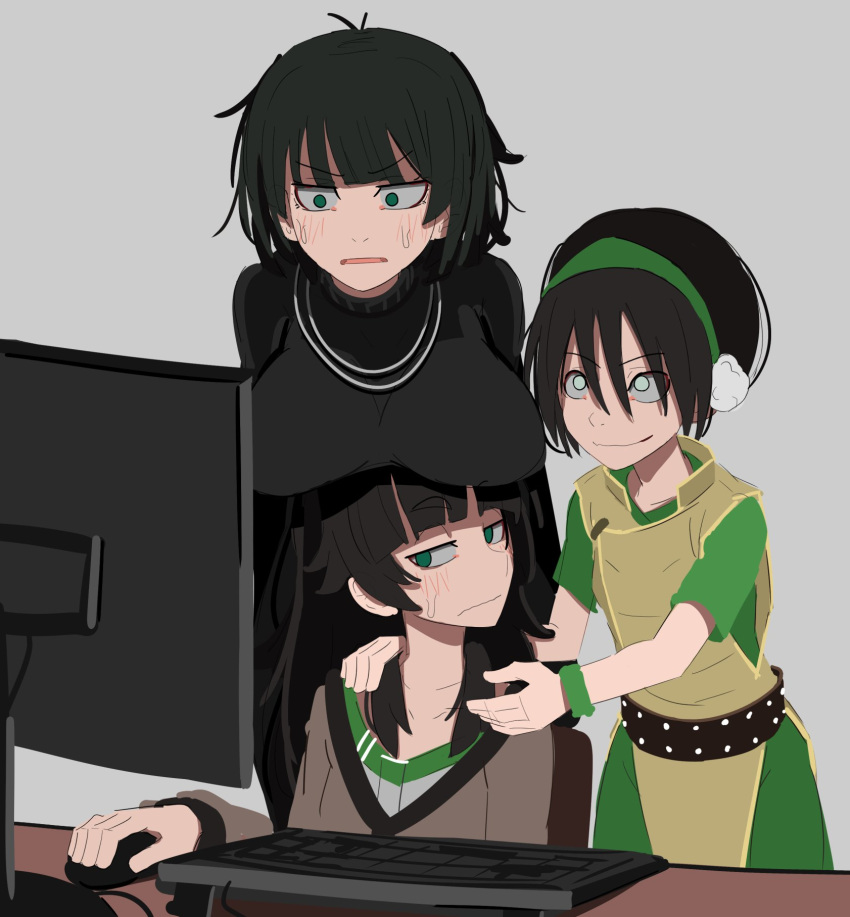 3girls avatar:_the_last_airbender avatar_legends belt black_belt black_dress black_hair blush breast_rest breasts breasts_on_head brown_dress character_request collarbone computer_keyboard copyright_request dress fubuki_(one-punch_man) green_eyes grey_background grey_eyes highres holding_computer_mouse jewelry kurokimoko large_breasts monitor multiple_girls necklace one-punch_man simple_background small_breasts smile sweat toph_bei_fong