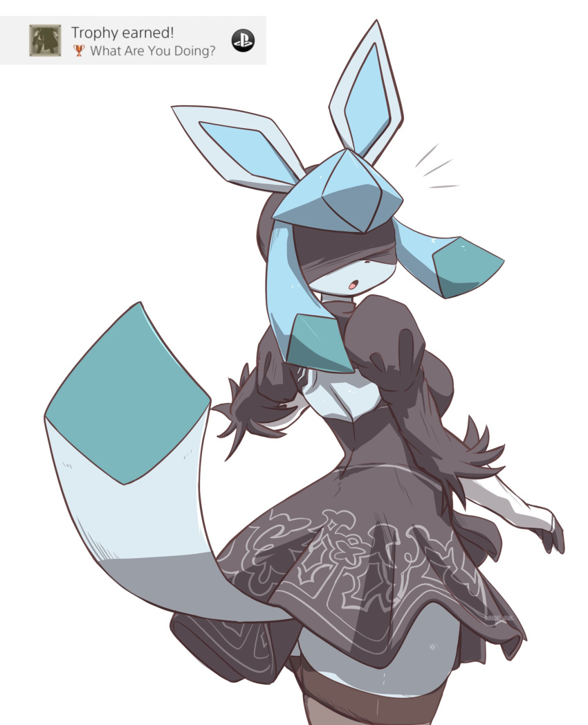 2023 absurd_res anthro blindfold blue_body blue_fur breasts clothed clothing cosplay crossover crossover_cosplay digital_drawing_(artwork) digital_media_(artwork) dress eeveelution female fingerless_gloves footwear fur game_freak generation_4_pokemon glaceon gloves handwear hi_res legwear looking_at_viewer looking_back mammal multicolored_body multicolored_clothing multicolored_fur nier_automata nintendo open_mouth oreon_smol platinumgames playstation pokemon pokemon_(species) pokemorph simple_background socks solo sony_corporation sony_interactive_entertainment tail thick_thighs thigh_highs thigh_socks two_tone_clothing white_background yorha_2b