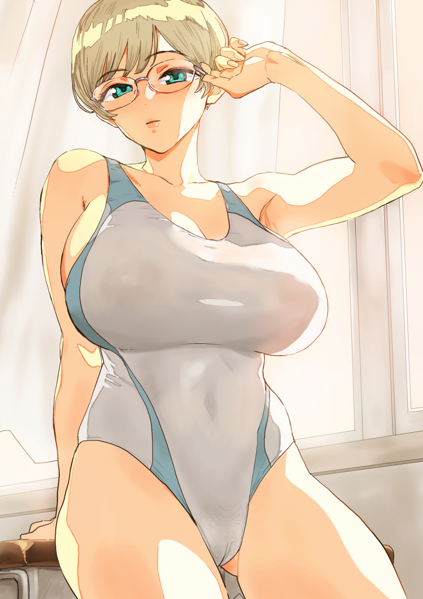 absurdres aqua_eyes arm_support armpits ass_visible_through_thighs bare_shoulders blonde_hair breasts classroom cleavage commentary_request competition_swimsuit covered_navel curtains desk female from_below highres large_breasts nekoi_mie one-piece_swimsuit original parted_lips round_eyewear school_desk school_swimsuit short_hair swimsuit white_one-piece_swimsuit window