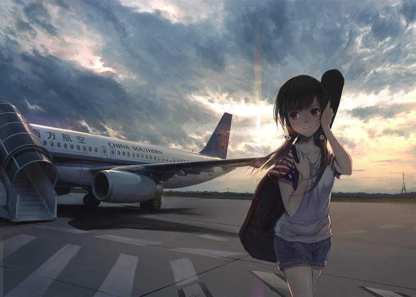 airbus_a320 aircraft airplane black_hair china_southern_airlines cloud cloudy_sky collarbone commentary_request female guitar_case hair_ornament instrument_case original outdoors panda_hair_ornament photoshop_(medium) purple_hair shadow shirt short_shorts shorts sky solo stflash sun t-shirt tower