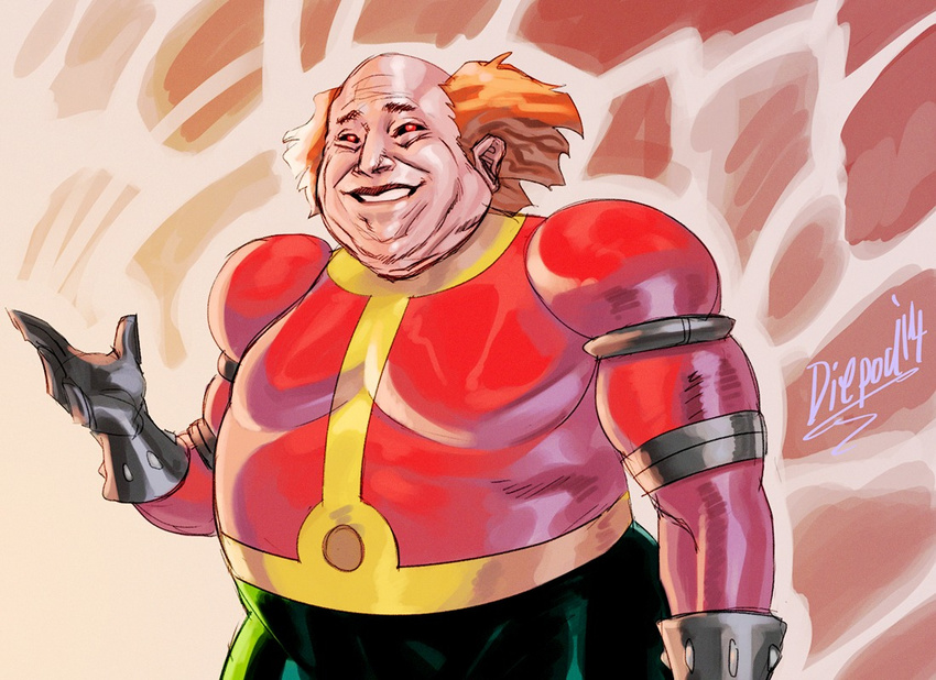 1boy bald_spot black_gloves black_sclera colored_sclera commentary danny_devito diepod double_chin dr._eggman english_commentary fusion gloves male_focus orange_hair red_eyes solo sonic_(series)