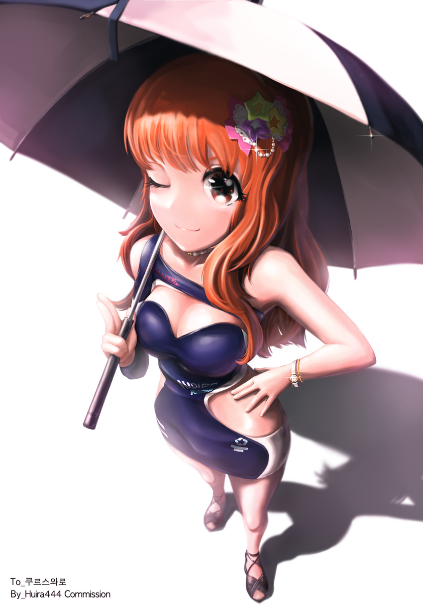 :3 absurdres artist_name bad_id bad_pixiv_id blush breasts brown_eyes brown_hair cleavage closed_mouth commission female hand_on_own_hip highres holding holding_umbrella huira444 idolmaster idolmaster_cinderella_girls large_breasts moroboshi_kirari one_eye_closed race_queen smile solo umbrella