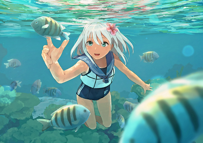 blonde_hair blue_eyes commentary_request crop_top female fish flower hair_flower hair_ornament kantai_collection long_hair one-piece_tan open_mouth photoshop_(medium) ro-500_(kancolle) sailor_collar school_swimsuit smile solo swimming swimsuit swimsuit_under_clothes tan tanlines underwater water youmak