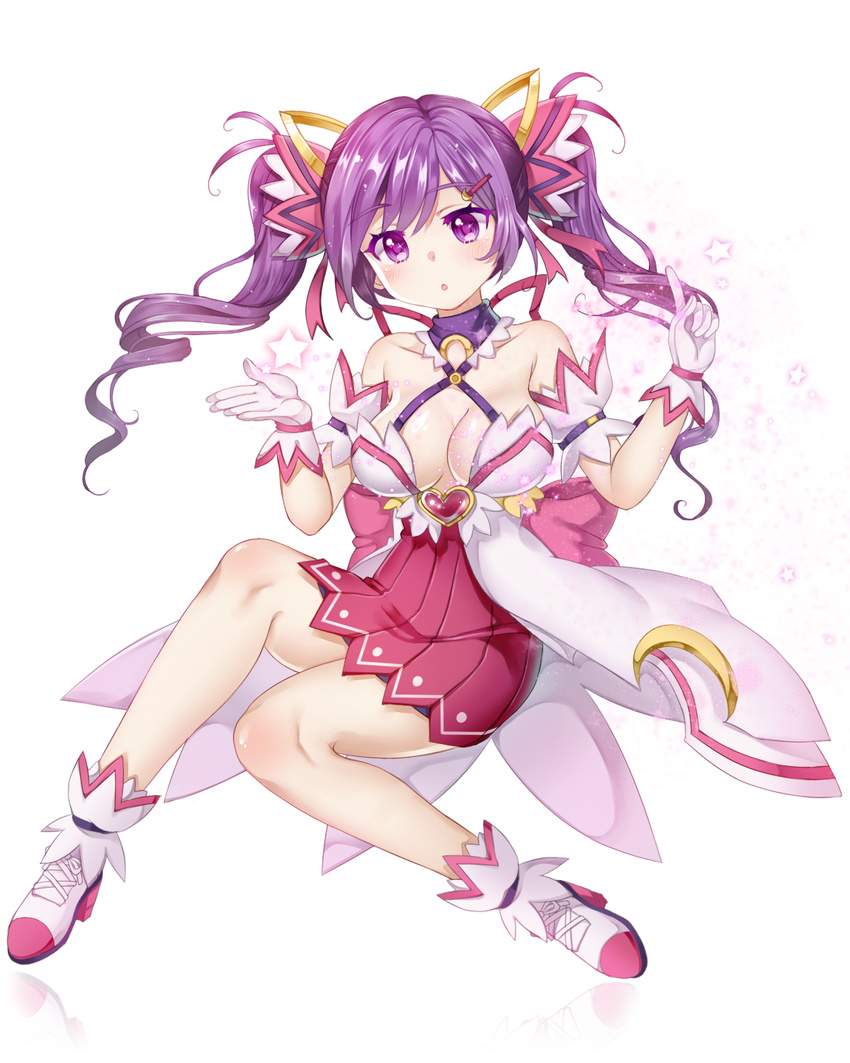 aisha_landar back_bow bare_legs blanket_(kkbjah) bow breasts cleavage commentary_request detached_collar dimension_witch_(elsword) elsword female full_body gloves hair_ornament hairclip highres long_hair medium_breasts miniskirt pink_skirt purple_eyes purple_hair shoes skirt solo twintails white_background white_footwear white_gloves