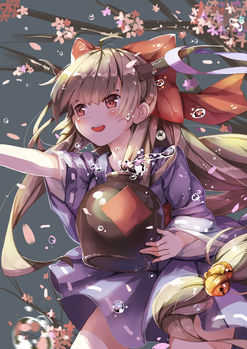 absurdres alternate_costume bell blush bubble commentary_request female hair_bell hair_ornament hair_ribbon highres horns ibuki_suika japanese_clothes long_hair long_sleeves looking_away low-tied_long_hair open_mouth outstretched_arm ponytail red_eyes ribbon smile solo teeth_(artist) touhou tree water wide_sleeves