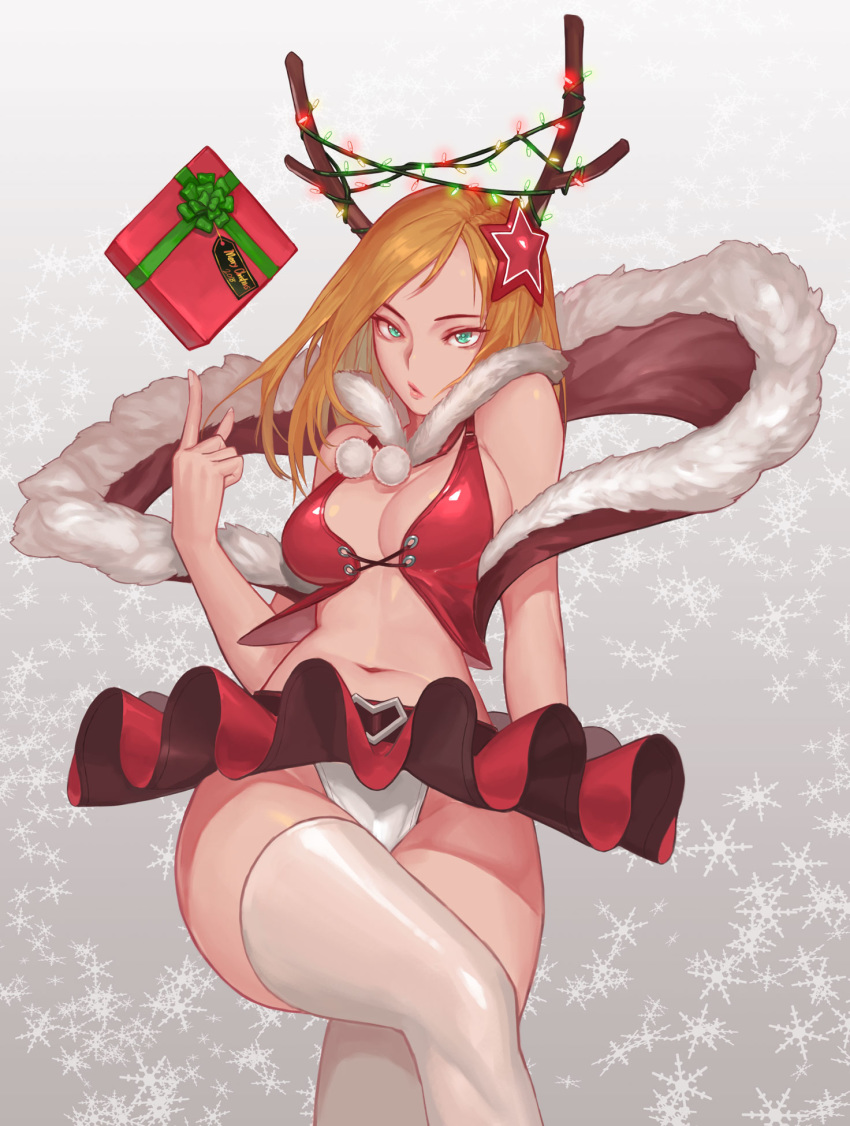 antlers aqua_eyes bad_id bad_pixiv_id belt blonde_hair box breasts christmas christmas_lights clothes_lift crossed_legs female fur_collar fur_trim gift gift_box hair_ornament highres horns looking_at_viewer medium_breasts medium_hair miniskirt navel no_bra original panties parted_lips pom_pom_(clothes) red_skirt red_vest reindeer_antlers santa_costume skirt skirt_lift snowflakes solo star_(symbol) star_hair_ornament tamidro thighhighs underwear vest white_panties white_thighhighs