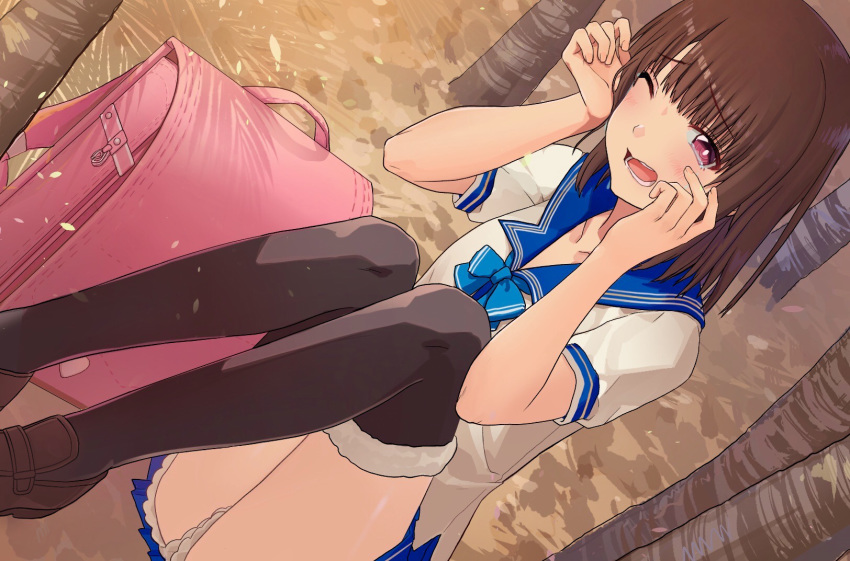 backpack bad_id bad_pixiv_id bag black_thighhighs blue_neckwear blue_sailor_collar blue_skirt brown_footwear brown_hair crying dutch_angle female fur-trimmed_legwear fur_trim highres himeragi_rinze loafers miniskirt one_eye_closed open_mouth outdoors pink_bag piza_rokumai pleated_skirt purple_eyes reco_love reco_love_gold_beach sailor_collar school_uniform shirt shoes short_hair short_sleeves sitting skirt solo thighhighs tree unworn_backpack unworn_bag white_shirt