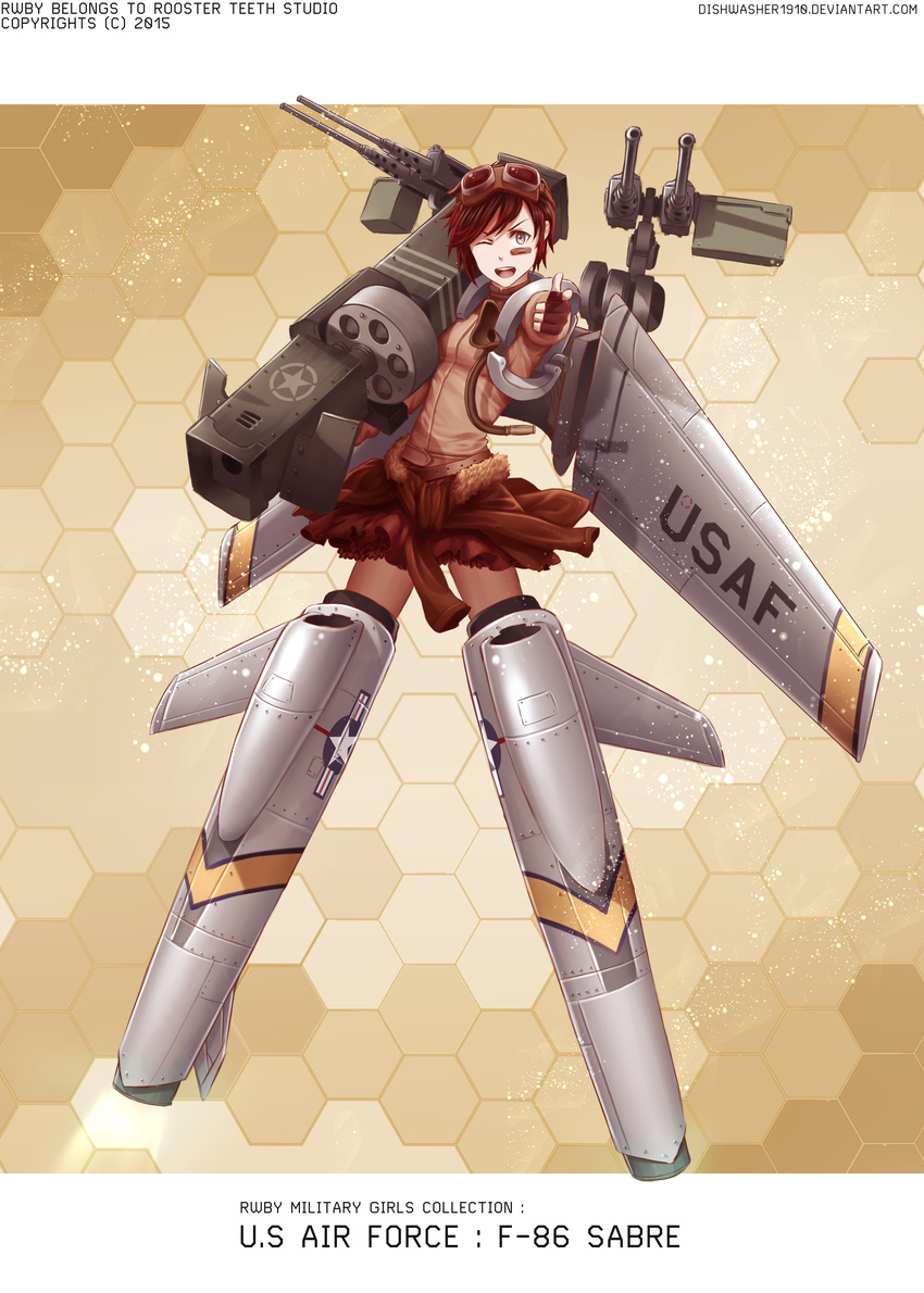 absurdres airplane_wing belt commentary dishwasher1910 english_commentary f-86_sabre female full_body goggles goggles_on_head grey_eyes gun highres machine_gun military multicolored_hair one_eye_closed parody pointing pointing_at_viewer red_hair rocket_launcher ruby_rose rwby short_hair skirt solo striker_unit two-tone_hair weapon world_witches_series