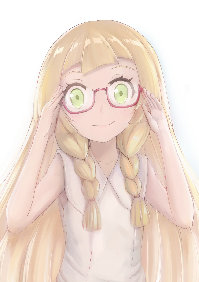 absurdres aka_(440626) bespectacled blonde_hair braid commentary dress female glasses green_eyes highres lillie_(pokemon) long_hair looking_at_viewer pokemon pokemon_sm red-framed_eyewear side_braid simple_background sleeveless sleeveless_dress smile solo twin_braids upper_body white_background white_dress