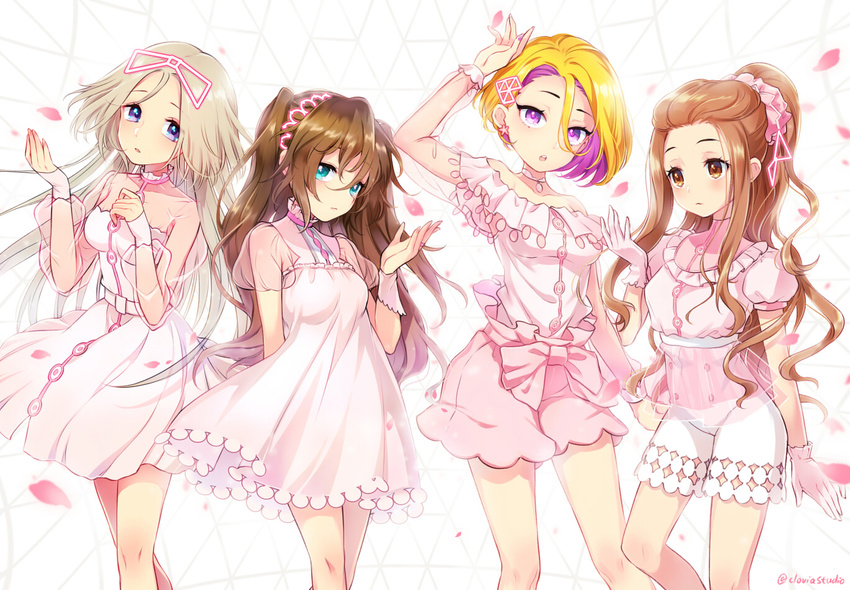 4girls aihara_miu blonde_hair blue_eyes brown_eyes brown_hair commentary_request dress echizen_murasaki kawasumi_sisala long_hair looking_at_viewer multicolored_hair multiple_girls ponytail purple_eyes purple_hair reika_(clovia_studio) short_hair tamasaka_makoto tokyo_7th_sisters two-tone_hair