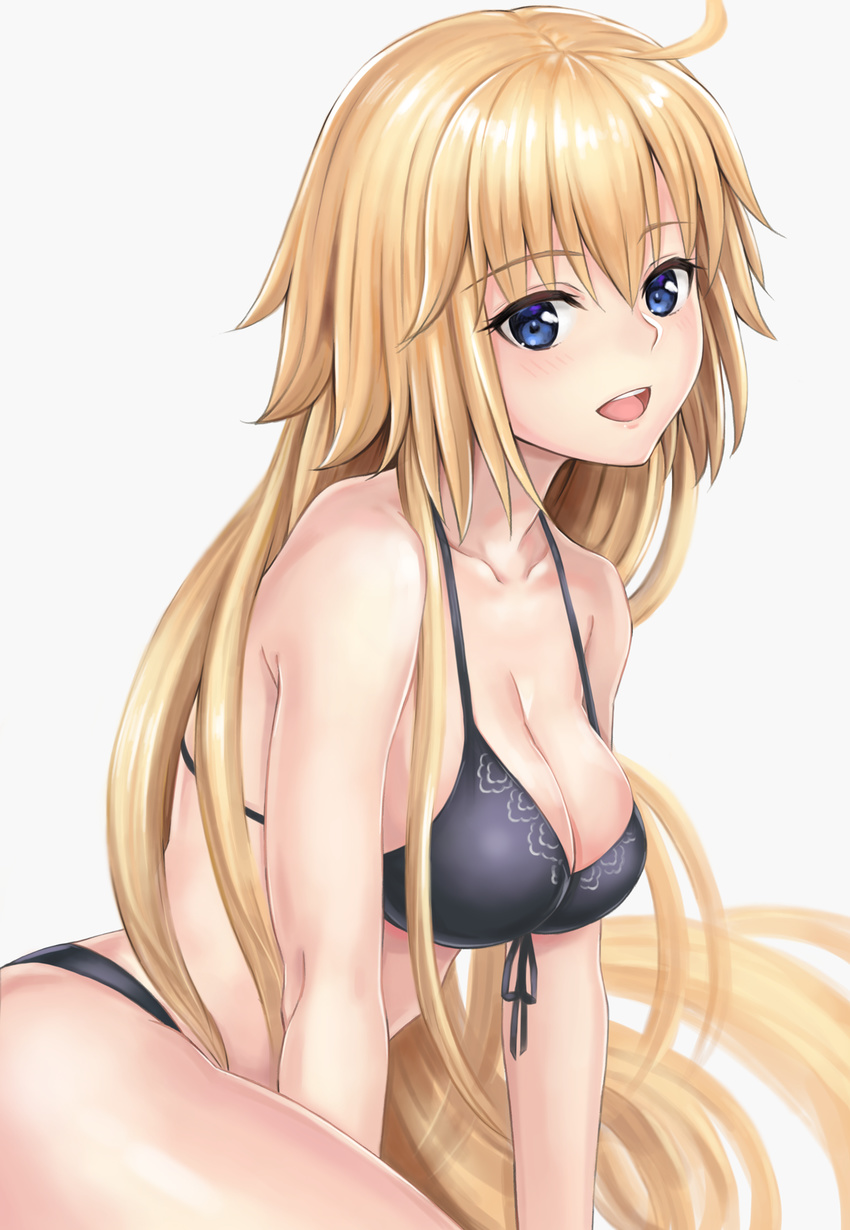 :d ahoge bare_shoulders bikini black_bikini blonde_hair blue_eyes breasts cleavage commentary_request fate/apocrypha fate_(series) female front-tie_bikini_top front-tie_top grey_background hair_between_eyes halterneck highres jeanne_d'arc_(fate) jeanne_d'arc_(ruler)_(fate) large_breasts long_hair looking_at_viewer md5_mismatch open_mouth resolution_mismatch shinno simple_background smile solo source_smaller swimsuit