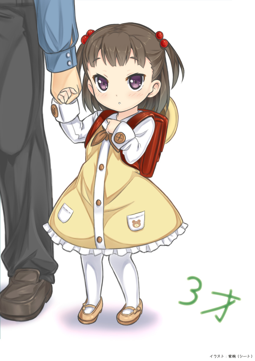 1boy absurdres backpack bag brown_hair commentary dress female hat highres holding_hands lolicon mary_janes original pantyhose photoshop_(medium) purple_eyes randoseru shitou_(1992116210) shoes short_hair short_twintails symbol-only_commentary twintails