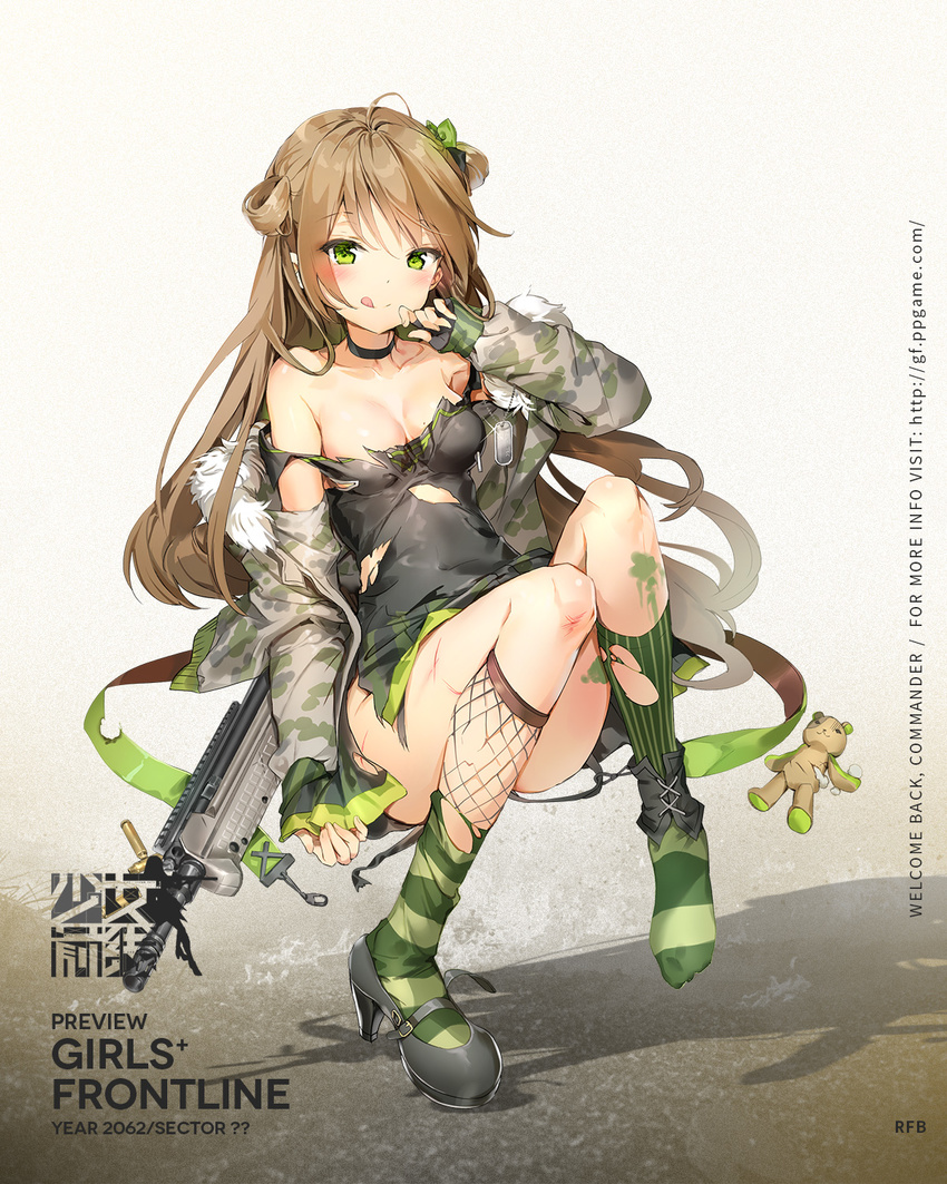 anmi dress fishnets girls_frontline gun heels possible_duplicate rfb_(girls_frontline) tagme torn_clothes